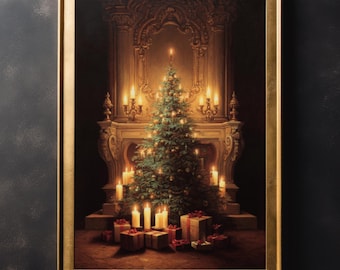Traditional Christmas Tree Wall Art, Xmas Wall Print, Victorian Thanksgiving Poster, Cottagecore, Farmhouse Decor, Dark Academia, Canvas