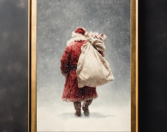 Santa Claus Walking Wall Art, Xmas Wall Print, Father Christmas Poster, Thanksgiving Cottagecore, Festive Farmhouse Decor, Large Canvas
