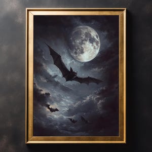 Moon and Bats Art Print: Vintage Halloween, Dark Academia Decor