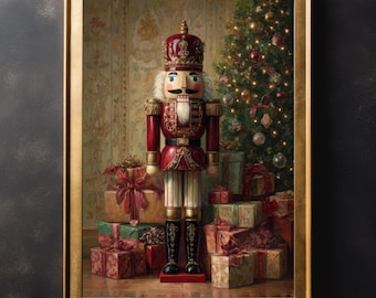 Christmas Nutcracker And Gifts Wall Art, Christmas Wall Print, Thanksgiving Festive Poster, Xmas Farmhouse Decor, Large Canvas, Presents
