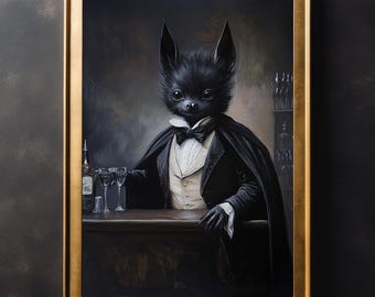 Victoriaanse vleermuis aan de bar vintage muurkunst print - woondecoratie, vintage poster, art poster print, donkere academische wereld, gotisch, halloweenkunst, spookachtige kunst
