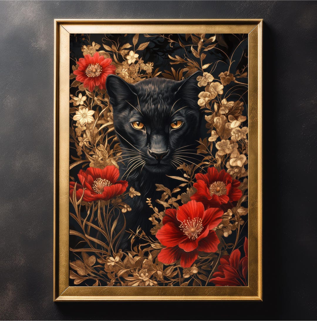 Black Panther in Red Floral Wall Art Print, Gothic Animal Portrait ...