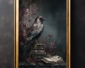 May include: A framed art print featuring a dark raven perched atop a stack of books. The raven has shimmering details, and the background includes floral elements and a glowing open book. The frame is gold.