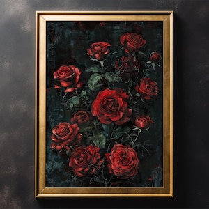 May include: A framed painting of a bouquet of red roses against a dark background. The roses are in full bloom, with detailed petals and green leaves. The frame is gold, adding a touch of elegance to the artwork.