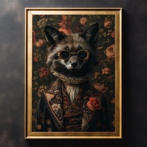Puede incluir: Un retrato enmarcado de un zorro que lleva una chaqueta de terciopelo negro con bordados dorados y una rosa roja. El zorro lleva gafas de montura dorada y tiene una expresión seria.