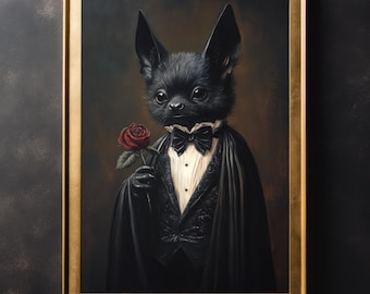 Victoriaanse vleermuis met roos Art Print, gotisch halloweendecor, Dark Academia, Valentijnsdagcadeau