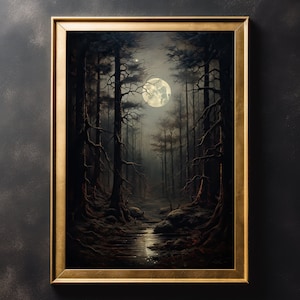 Impresión artística vintage de bosque a la luz de la luna: póster vintage, impresión artística, Dark Academia, decoración gótica de pared, arte de Halloween