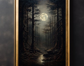 Forest in Moonlight Vintage Wall Art Print - Vintage Poster, Art Poster Print, Dark Academia, Gothic Wall Decor, Halloween Art