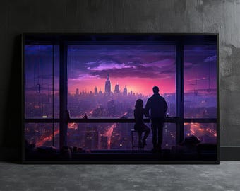 Couple in Skyscraper Bar Wall Art, Cyberpunk City Poster, Futuristic Wall Decor, Gaming Wall Print, Large Bedroom Canvas, Man Cave Art