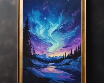 May include: A painting of a snowy landscape with a river flowing through it. The sky is a vibrant purple and blue with a swirling aurora borealis. The trees are silhouetted against the colorful sky.