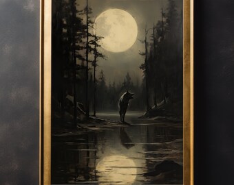 May include: A black wolf stands in a dark forest by a still lake, howling at the full moon. The moon is bright and white, reflecting in the water. The trees are tall and dark, creating a mysterious and eerie atmosphere.