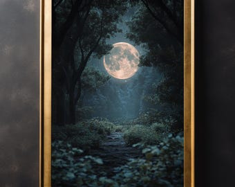 Full Moon Forest Vintage Art Print: Gothic Dark Academia Wall Decor