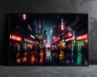 Cyberpunk Street City Wall Art, Neon Fan Art Wall Decor, Futuristic Art, Gaming Wall Print, Car Wall Art, Large Bedroom Canvas, Man Cave Art