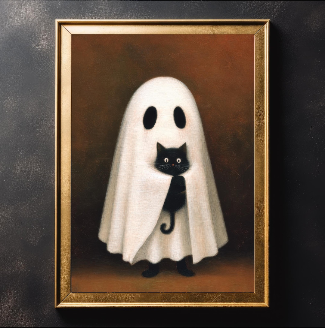 Cute Ghost and Black Cat Vintage Wall Art, Funny Halloween Print ...