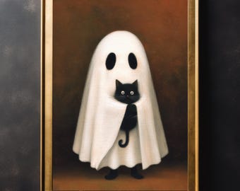 May include: A framed artwork depicts a ghost wearing a white sheet with black eye holes, holding a black cat. The artwork has a gold frame and a brown background, creating a spooky Halloween theme.