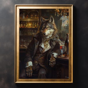 ビクトリア朝の狼のバーのヴィンテージウォールアートプリント - ゴシック動物の肖像画、ダークアカデミアアートプリント、レトロなホームデコレーション、風変わりな動物アート、バーアート