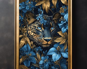 Blue Cheetah Flowers Floral Print, Gothic Animal Portrait, Dark Academia Decor, Vintage Art Poster for Home Decor, Gold Lounge Wall Art