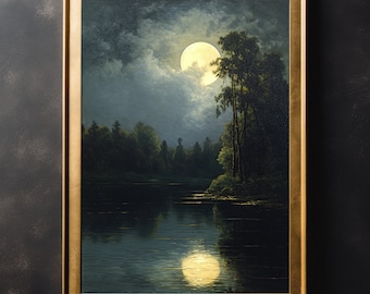 Moon on River Vintage Wall Art Print - Gothic Dark Academia Poster, Vintage Art Print, Retro Art Poster, Mystical Home Decor