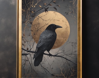 Gothic Raven and Moon Vintage Wall Art Print, Home Decor, Vintage Poster, Art Poster Print, Dark Academia, Halloween Art, Farmhouse Decor