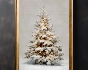 Snowy Christmas Tree Wall Art, Xmas White Wall Print, Festive Thanksgiving Poster, Cottagecore, Snow Farmhouse Decor, Large Canvas