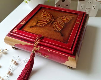 Butterfly  Wooden Jewelry Box with Mirror, Burgundy & Gold  Keepsake Box, Handmade  Vintage Organizer