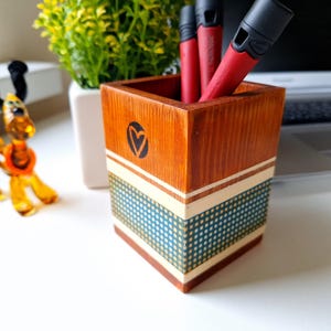 Wood Pencil & Pen Holder - Stationery Desk Accessory, Desk Decor for Storage Organization Office Supplies, Gift for Teacher, Dad or Friend