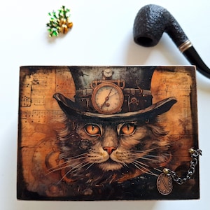 Caja de recuerdo o tarot con gato: almacenamiento para cartas de tarot y accesorios rituales, pequeña caja de madera, regalo único personalizado y hecho a mano para hombre.