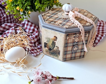 Trinket Box for Storage Organization - Vintage Impressions with Farmyard Hen and Cockerel Pictures