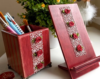 Elegant set for desk, Wooden pencil holder, phone stand, Burgundy wooden home office set