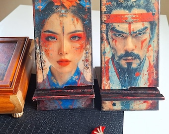 Wood Desk Accessory - Chinese Themed Phone Stands - Abstract Art, Unique Desk Organization