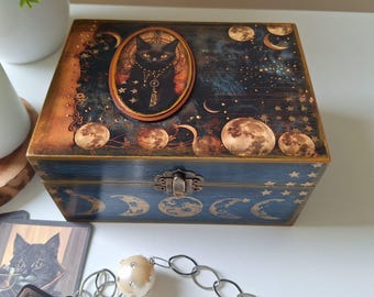 Blue Wooden Tarot Box: Mystical Black Cat, Moon & Stars