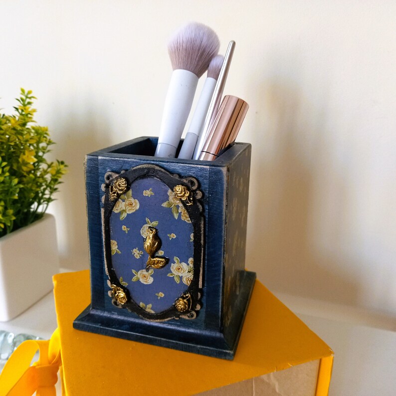 Vintage Blue Pencil Holder With Roses and Duck Etsy