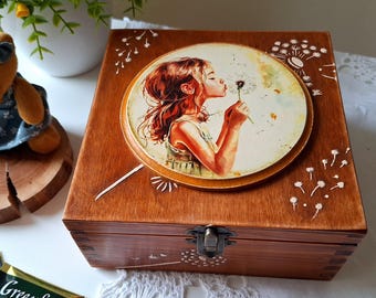 Handmade Wooden Tea Box, Tea Bag Organizer, Decorative  Storage, Dandelion Girl Design