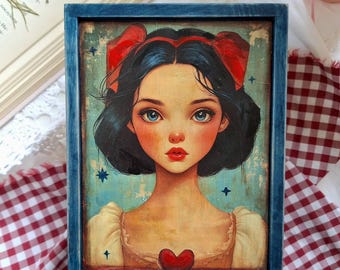 Caixa de joias de madeira da Branca de Neve para meninas, caixa de lembranças de conto de fadas para crianças, decoração de quarto infantil inspirada em contos de fadas.