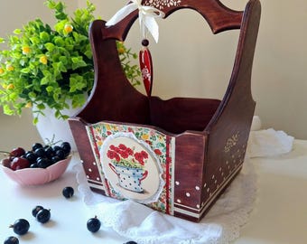 Cesto organizador de madeira com alça, decoração para cozinha estilo casa de campo, caixa para materiais de artesanato, presente de boas-vindas