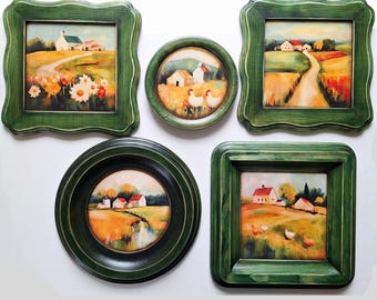 Conjunto de parede estilo Cottagecore, arte impressionista, moldura de madeira com paisagem campestre, presente exclusivo para casa feito à mão