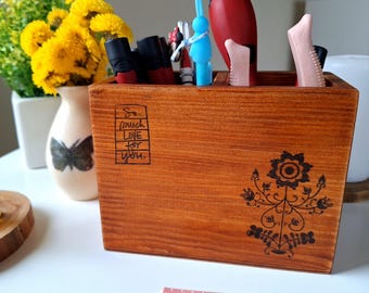 Organizador de mesa de madeira, porta-canetas, suporte para lápis em estilo folk art, porta-pincéis de maquiagem de madeira