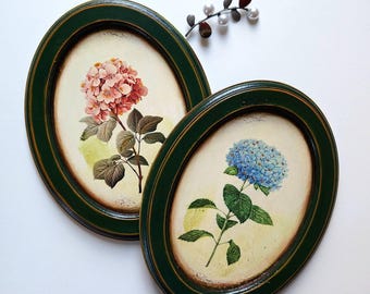 Quadro decorativo de parede com hortênsias azuis e rosas, moldura oval em estilo vintage, decoração retrô para casa, presente de boas-vindas