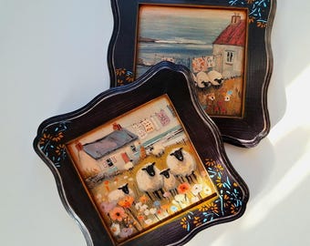 Arte de parede com ovelhas, estilo rústico irlandês, molduras pretas de madeira para casa de campo, decoração costeira estilo cottagecore para pendurar.