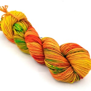 May include: A skein of hand-dyed yarn in a vibrant mix of colors. The yarn transitions from yellow to green, orange, and red. The yarn is tied at the top with a small loop of the same yarn. The yarn is on a white background.