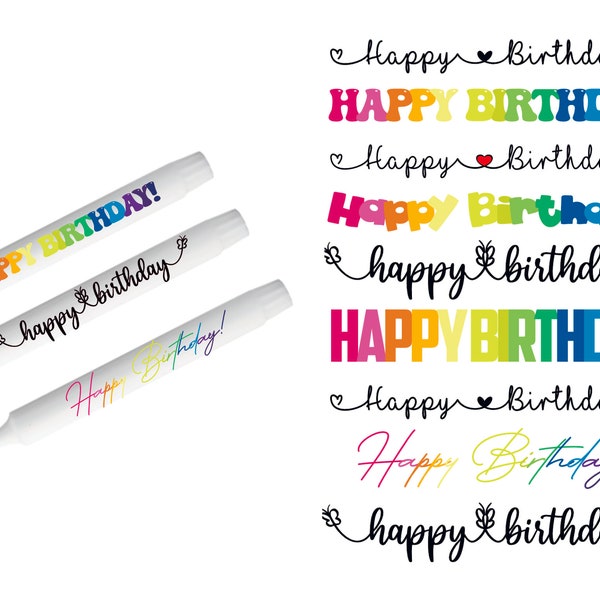 Happy Birthday rainbow colorful lettering German pdf template candles water slide text Congratulations