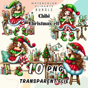 Chibi Christmas Elf Watercolor Clipart: 10 PNG Bundle for POD