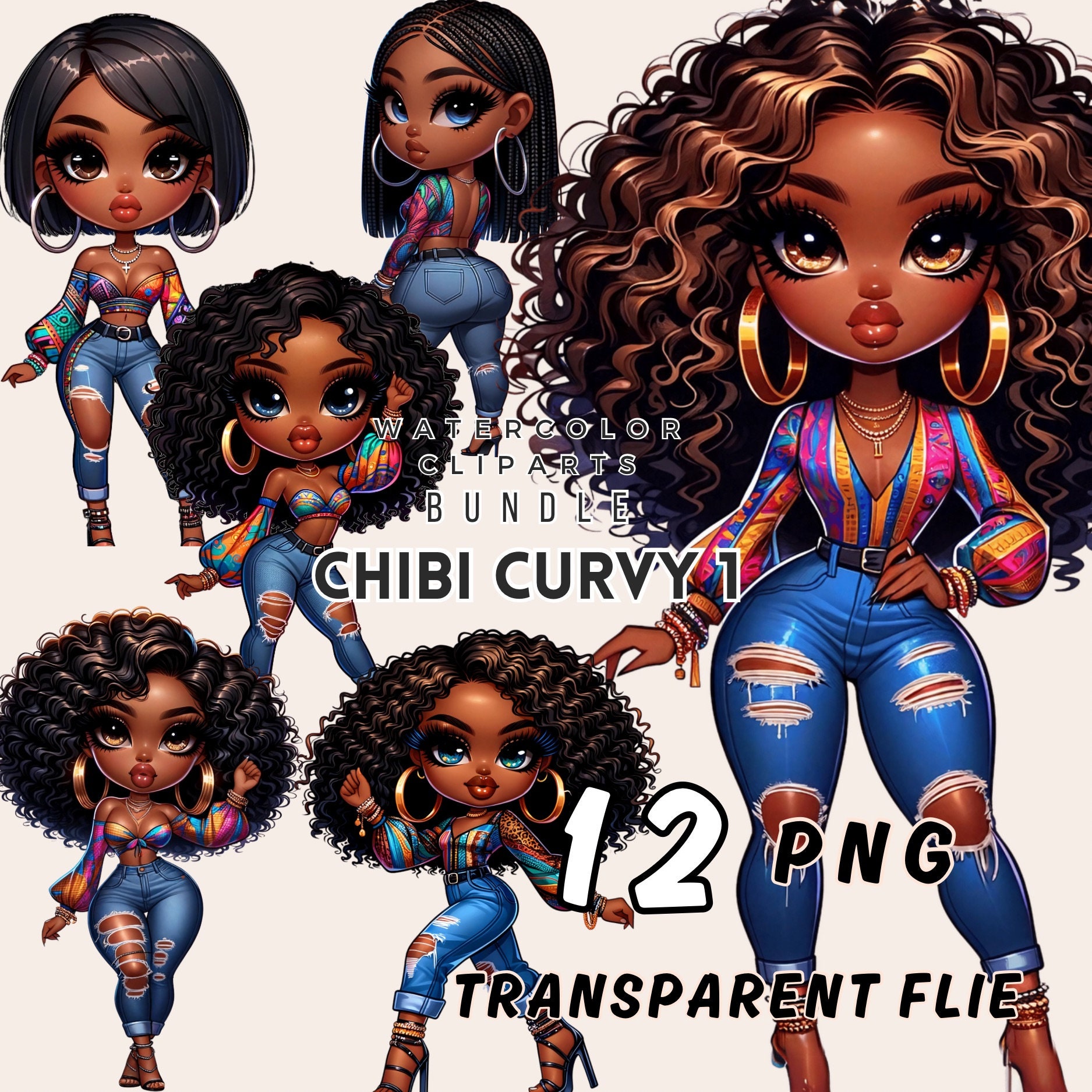 12 Exclusive African American Chibi Women PNG Bundle – Trendy Transparent Graphics for Stickers, Cards, POD & Social