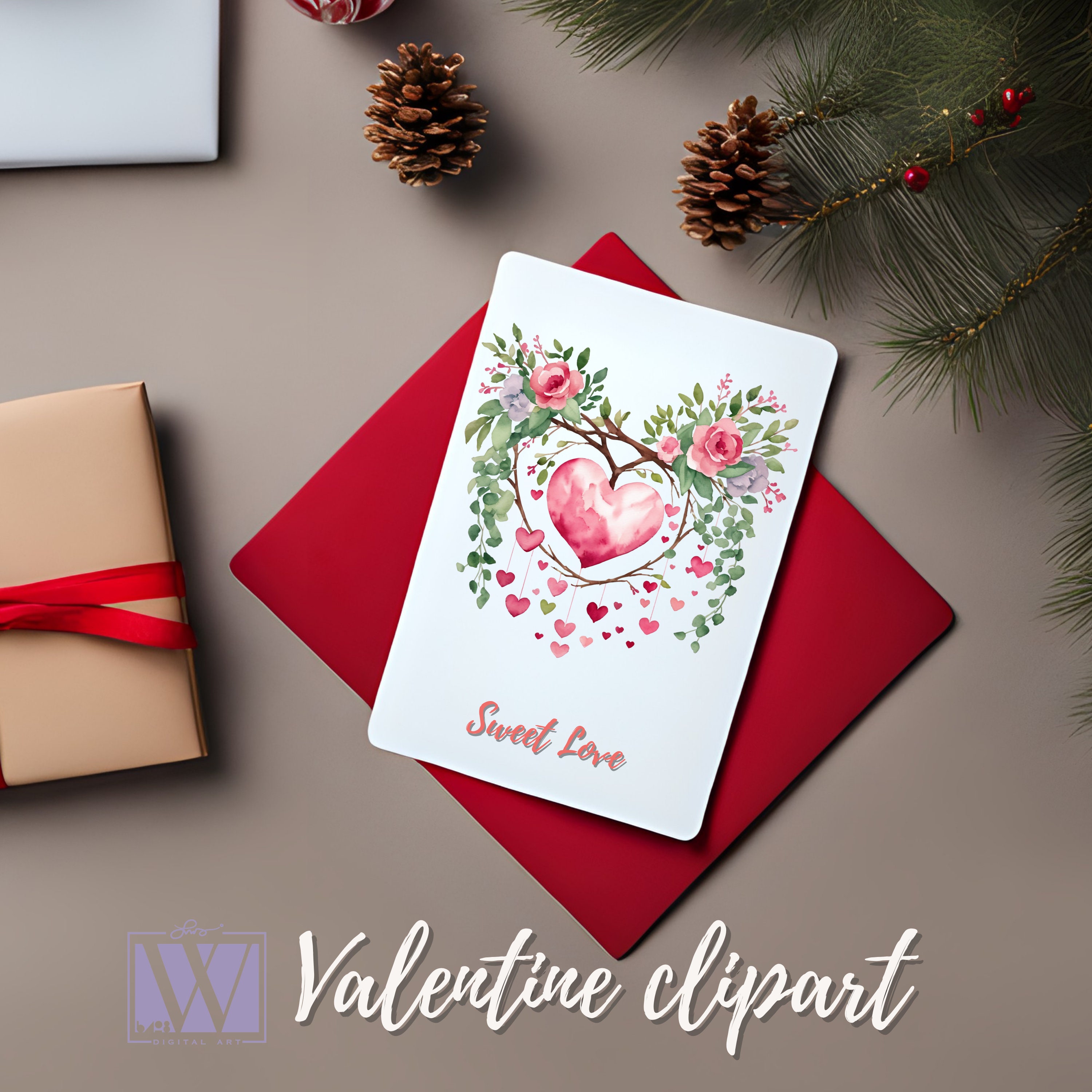 Valentine Watercolor Clipart: Heart Wreath, Floral Blooms (PNG, PDF) - Etsy