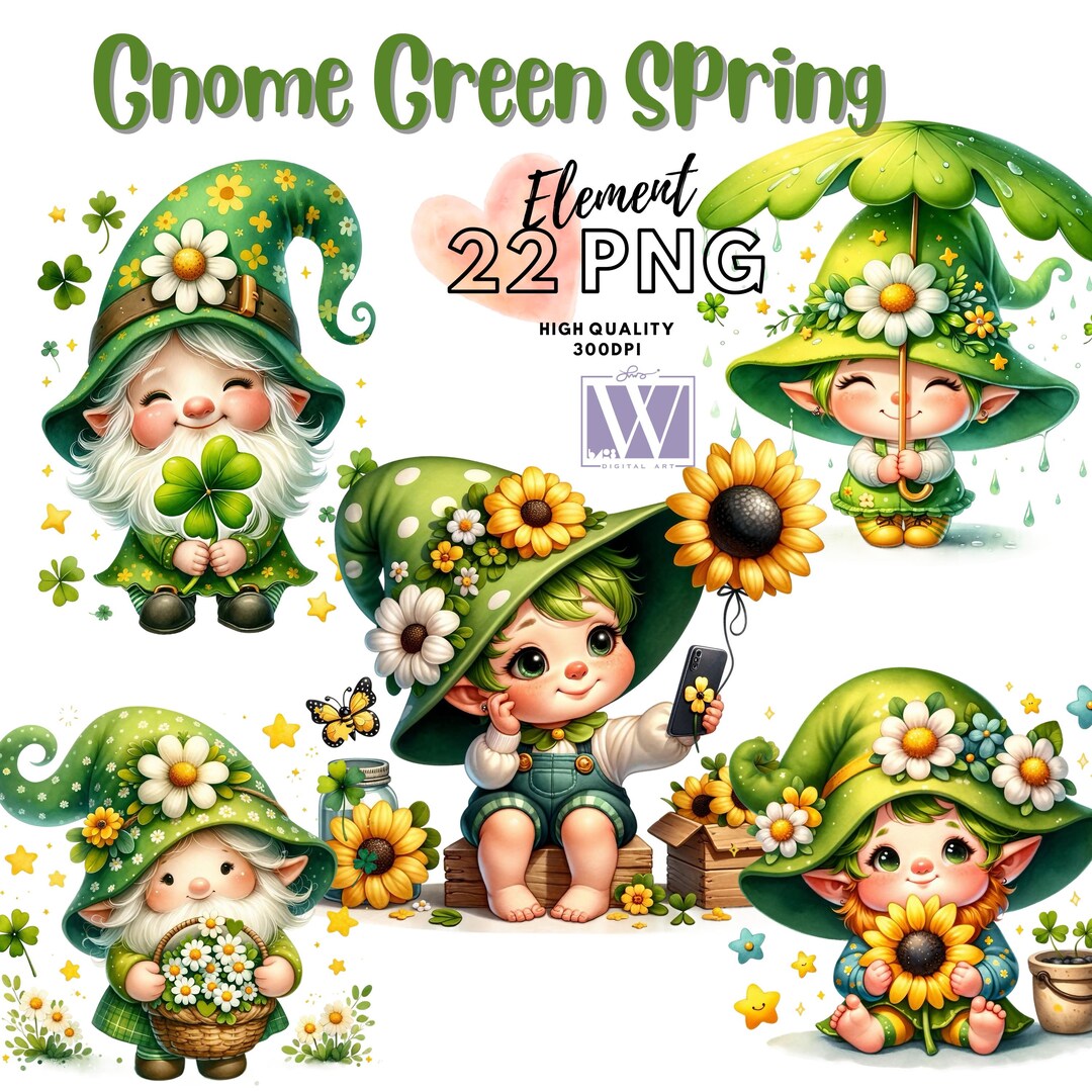 Spring Gnomes Clipart: Festive Green Watercolor PNG (digital Download ...