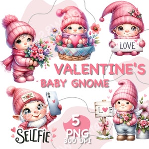 Watercolor Baby Gnomes Valentines Clipart: Pink Fantasy PNG (Digital Download)