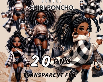 Chibi Poncho Clipart Bundle: African American Fashion Dolls (PNG)