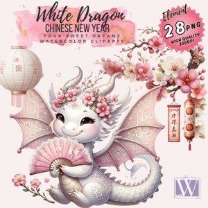 Nouvel an chinois 2024, ensemble de cliparts aquarelle, illustrations de dragon blanc, art numérique, lot pour POD, fichiers PNG transparents, usage commercial