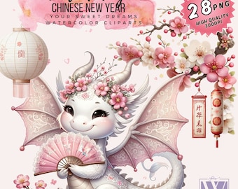 Chinese New Year White Dragon Watercolor Clipart (PNG Files)