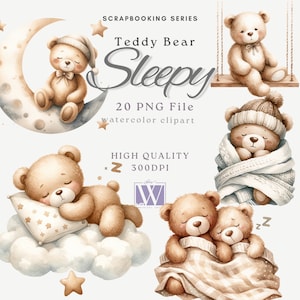 Cute Teddy Bear Watercolor Clipart, Sleeping Teddy Bears, Baby Shower Clipart, Boho Teddy Bear Clipart, Cute Teddy Bear Moon, Cloud,Bear PNG
